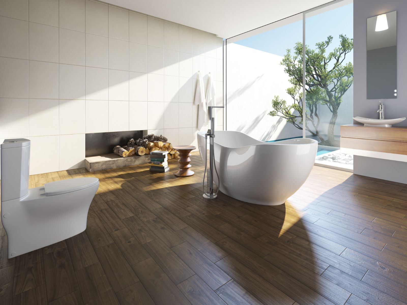Baño con piso de madera, tina de baño y mueble de lavabo